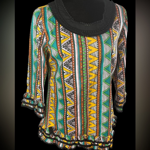 Almatrichi Multicolor Abstract design Long sleeves tunic top with ruffles NWT - Picture 11 of 14